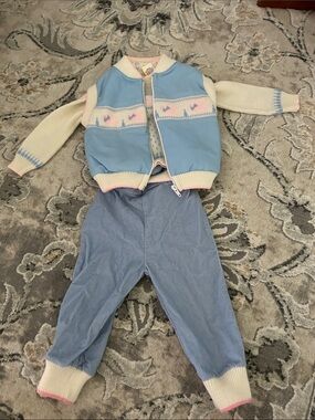 Vintage Blue Pink Cream Baby Three-Piece Outfit